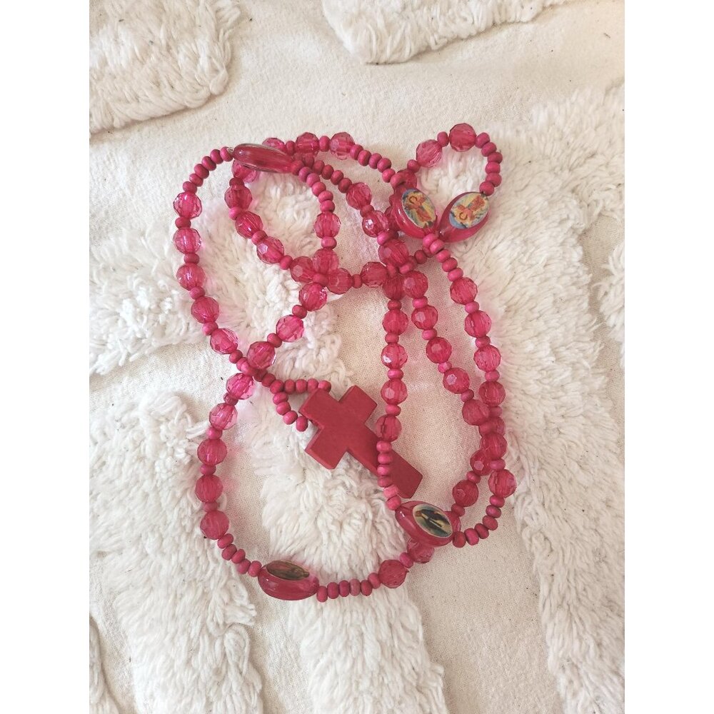 Pink Fuchsia Cross Necklace – Etched Wooden Crucifix with Plastic & Wood Beads